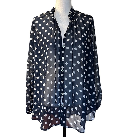 Show Me Your Mumu Alicia Tunic Button Down Shirt SZ Medium Navy Polka Dot Sheer - Picture 1 of 8